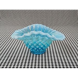 Vintage Fenton Blue Opalescent Hobnail Ruffled Glass Bowl Aqua Art‎ Glass 8"